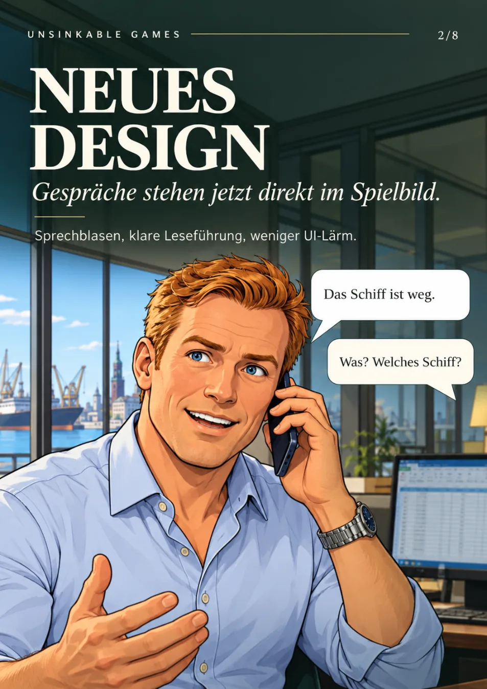 Promo-Motiv aus dem CLAIMS-HANDLER-Karussell: Gespräch im Büro zum neuen Design.