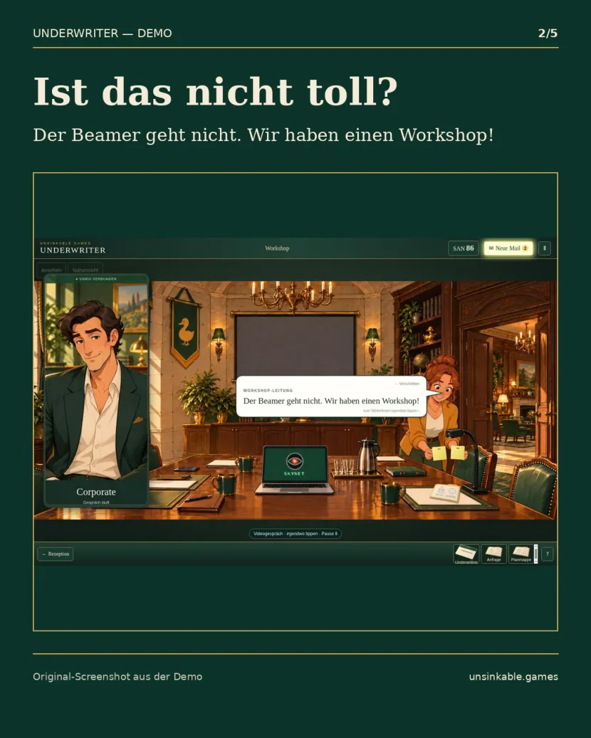 Historische Szene aus dem UNDERWRITER-Karussell: Workshop-Raum mit ausgefallenem Beamer.