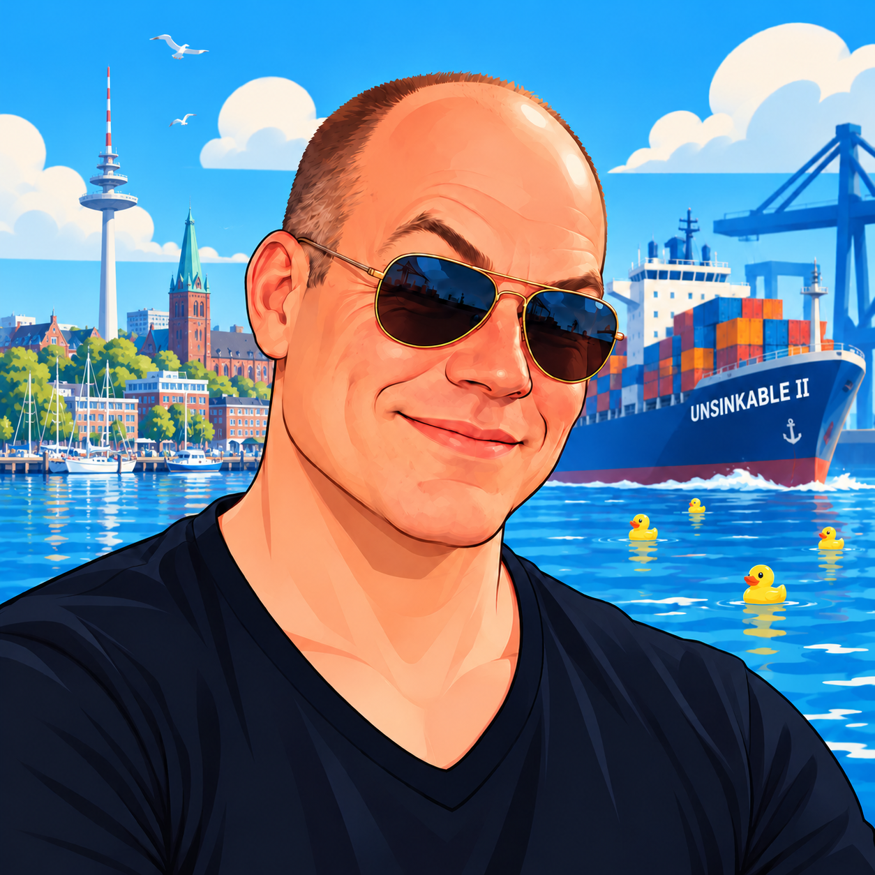 Illustration von Michael mit Fliegerbrille vor einer Hafenansicht mit Fernsehturm, Schiff und kleinen Badeenten.