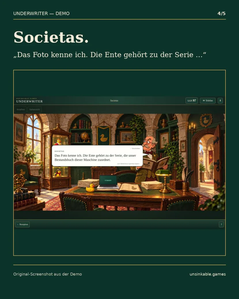 Historische Szene aus dem UNDERWRITER-Karussell: Societas mit Laptop und Badeenten-Vitrine.