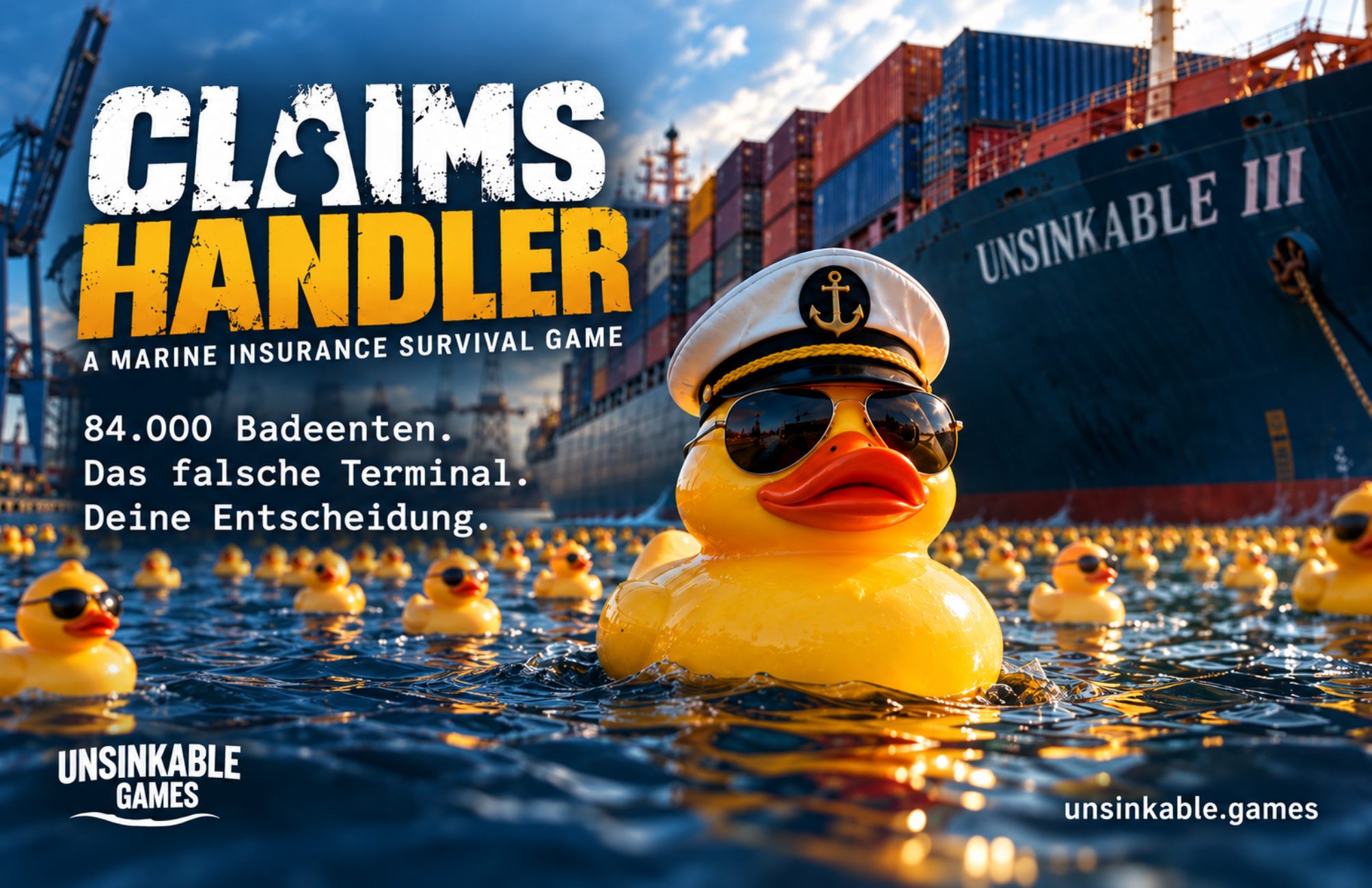 CLAIMS HANDLER: Badeente mit Kapitänsmütze und Sonnenbrille vor der M/V UNSINKABLE III.