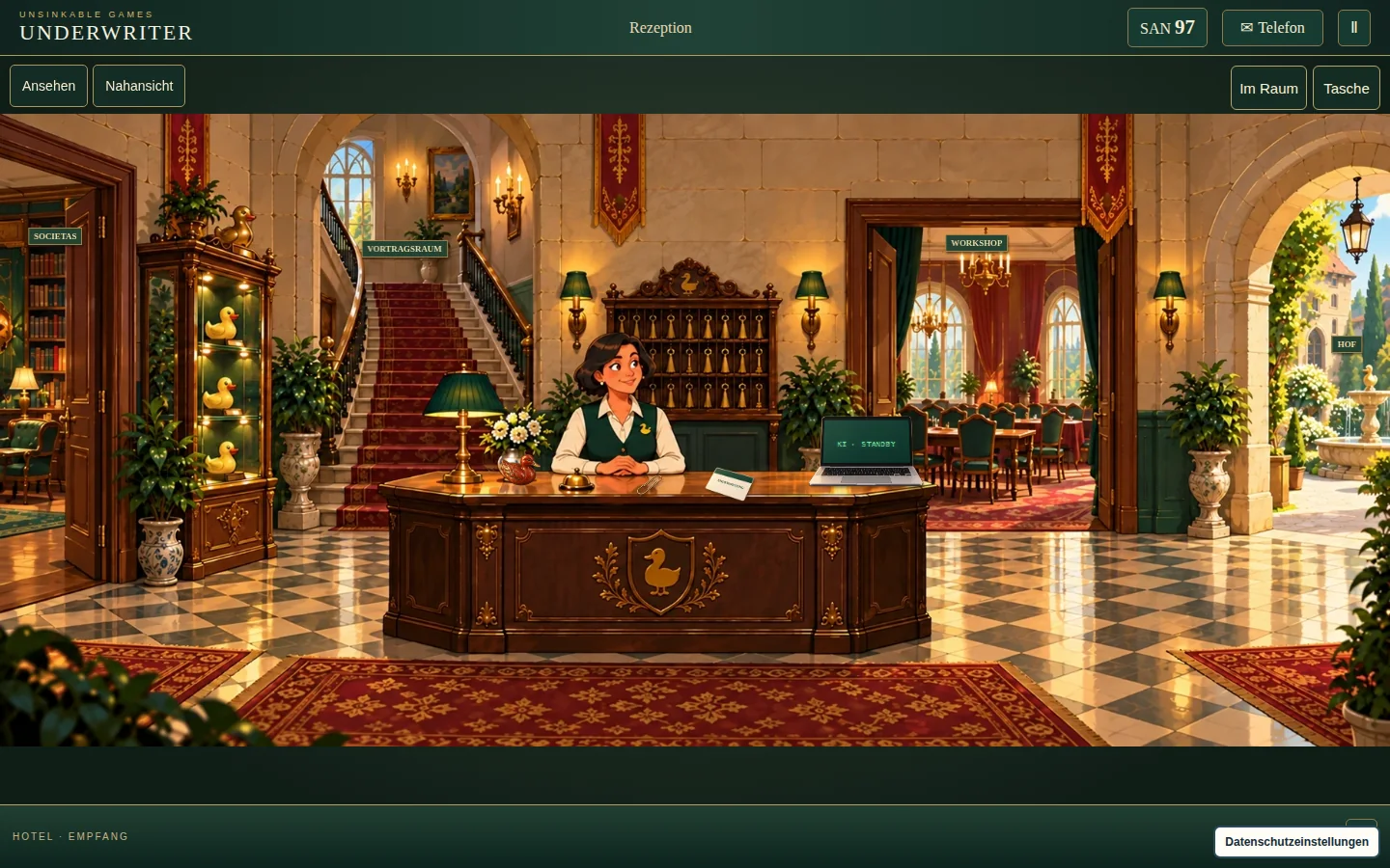 UNDERWRITER: aktueller Demo-Screenshot 0.3.5 mit Rezeption, Empfangsdame, Workshop-Tür und Hofzugang.
