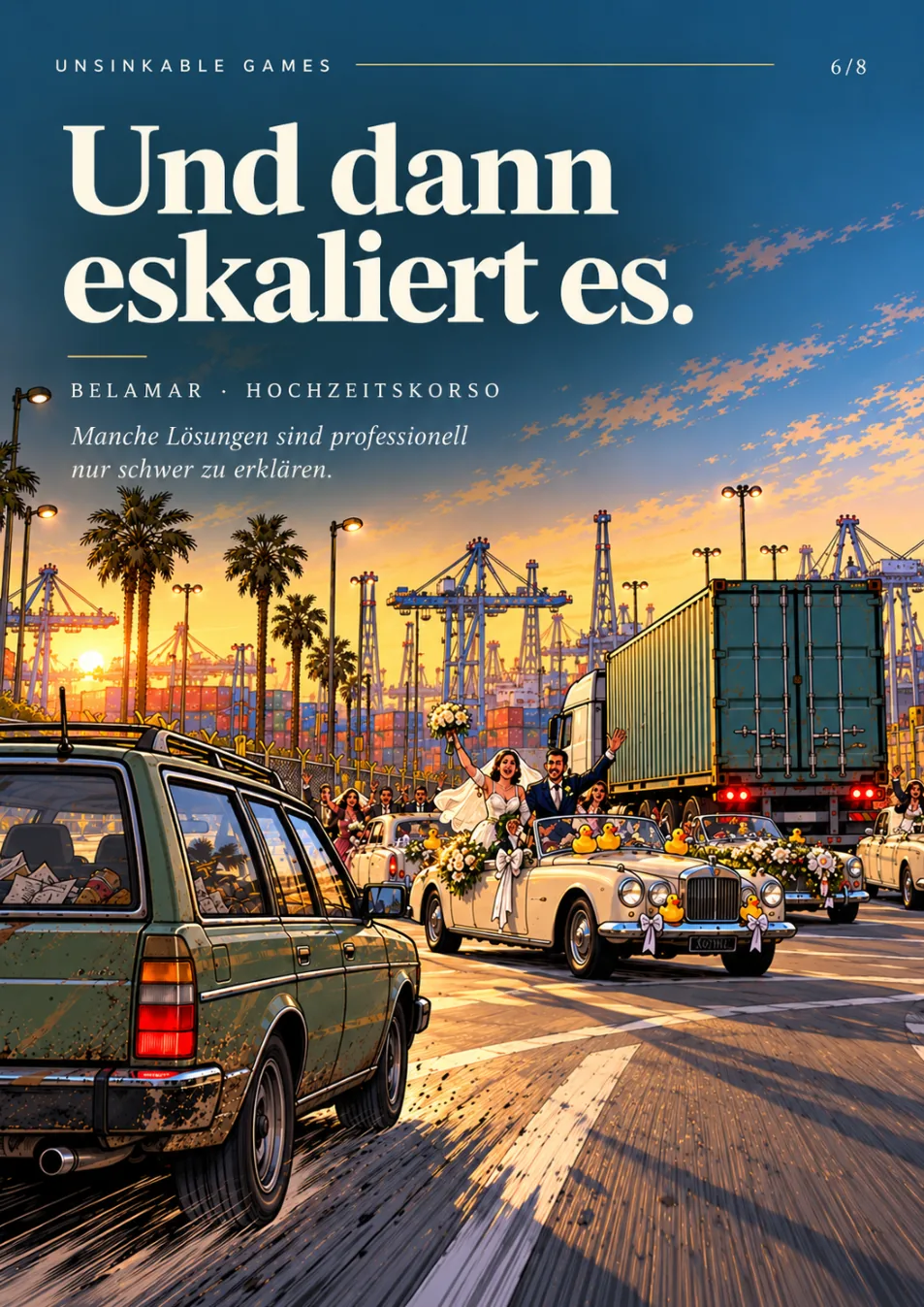 Promo-Motiv aus dem CLAIMS-HANDLER-Karussell: eskalierende Szene mit Hochzeitskorso und Containerverkehr.
